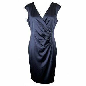 Lauren Ralph Lauren Evening Dress Size 16 Ruched Old Money Cocktail Satin Navy